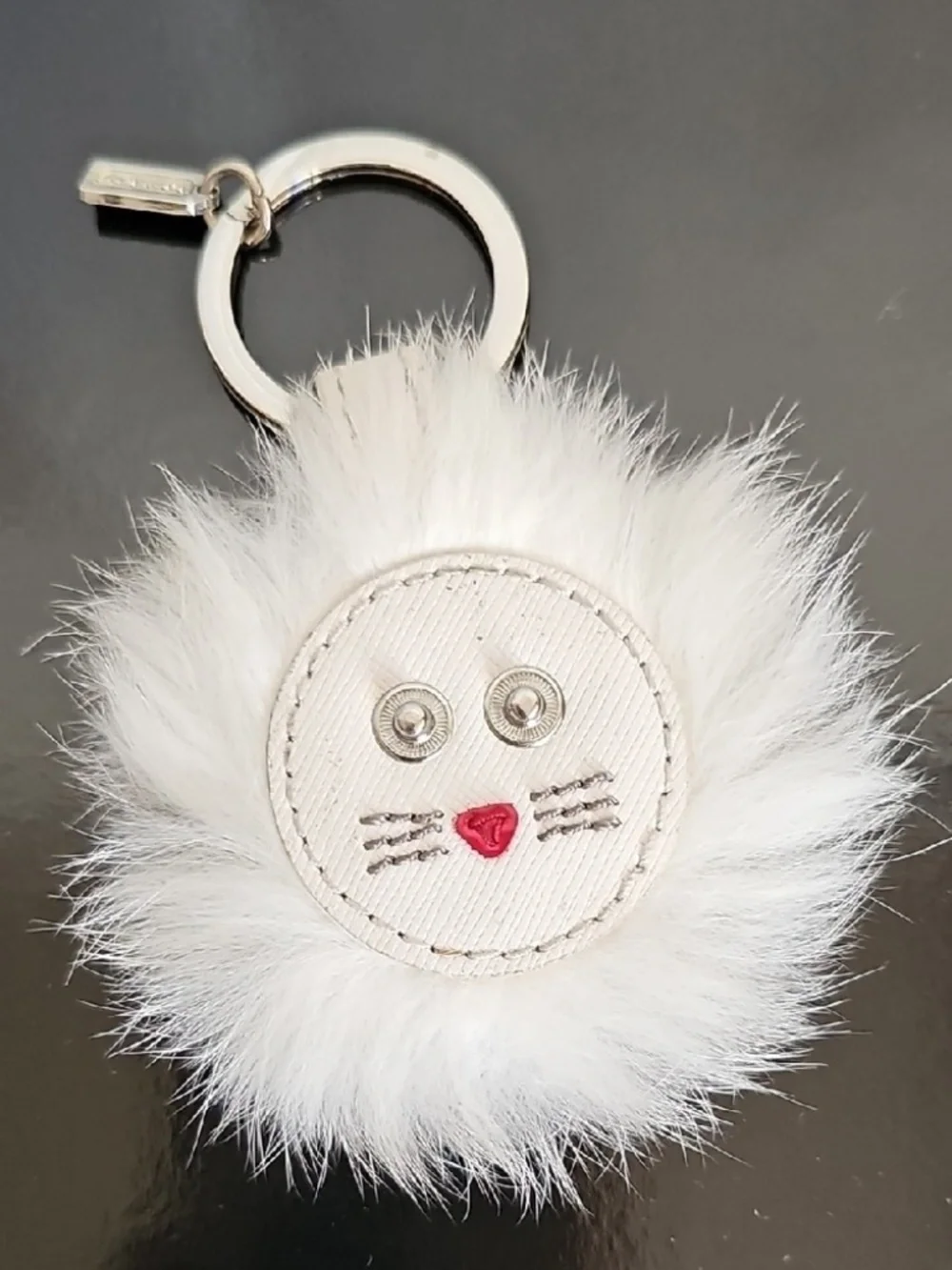 COACH WHITE FURRY LION KEYRING W/COACH CHARM SILVER-TONE NWT W/COACH BOX